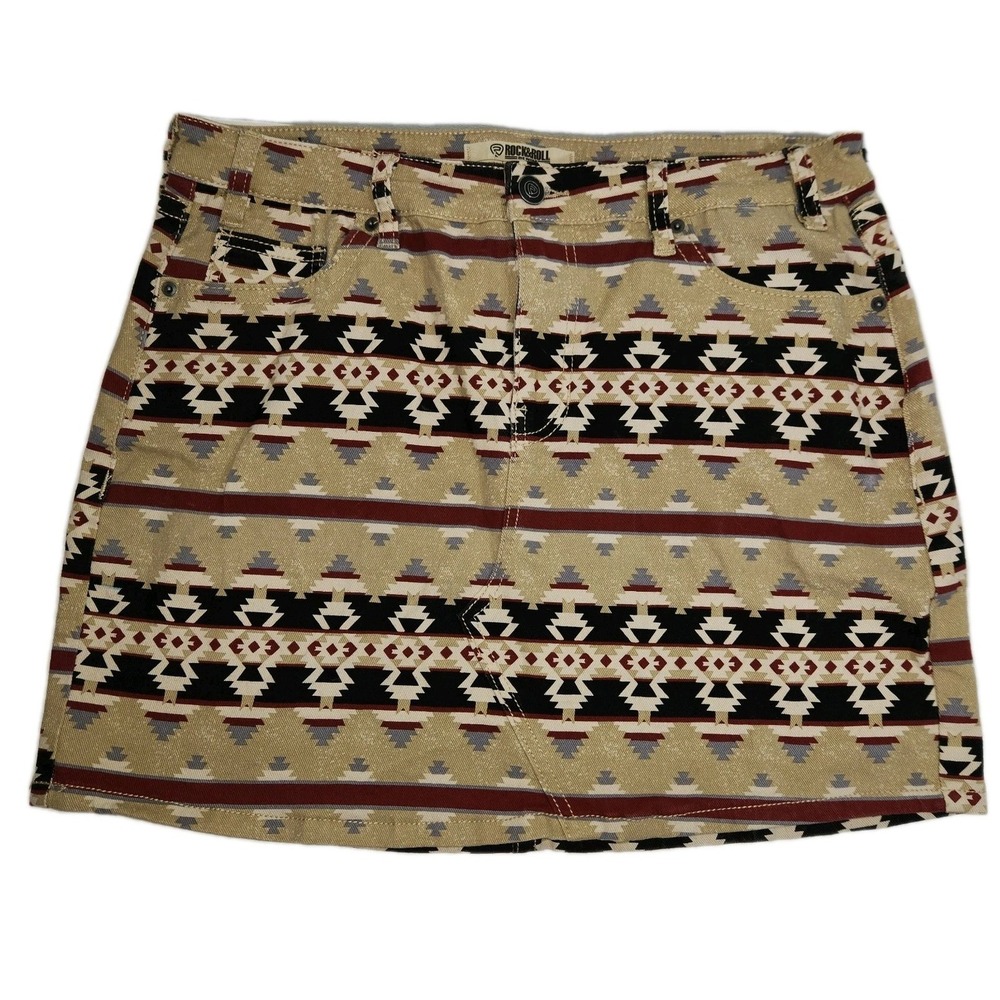 Rock & Roll Denim High Rise Aztec Southwestern Western Cowgirl Stretch Skirt W34